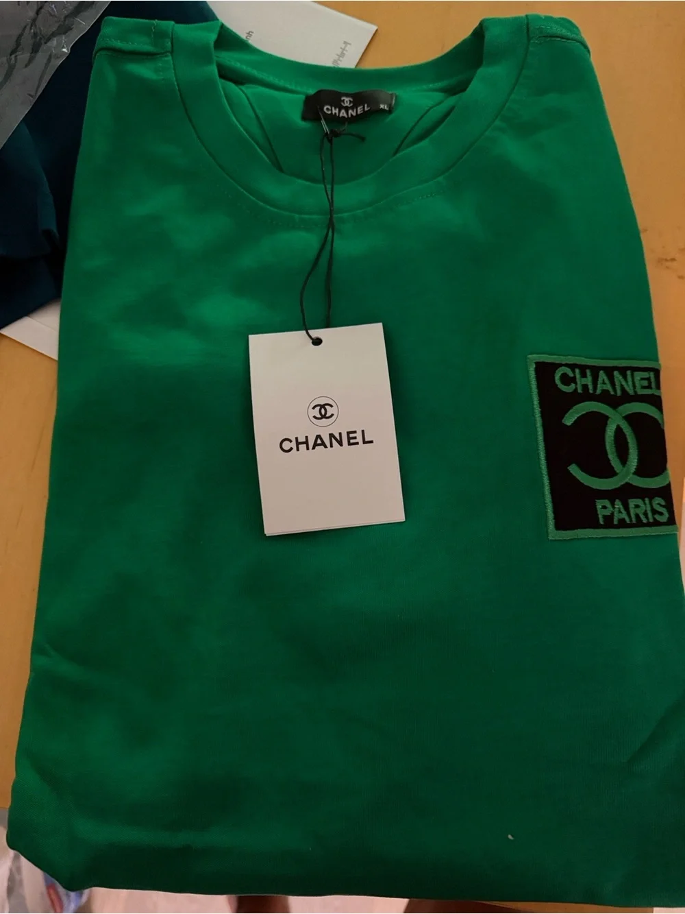 CHANEL Green Short-Sleeve Logo Patch Crewneck Tee